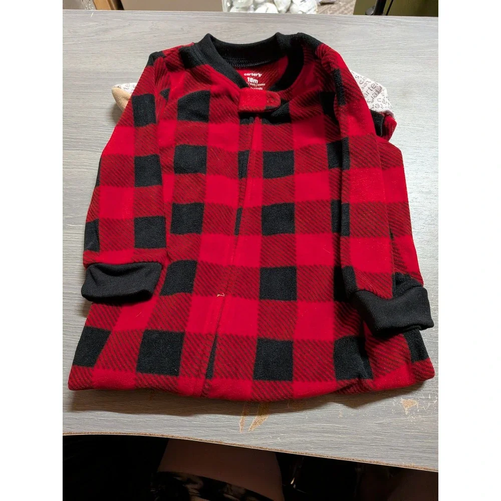 Carters 18M Red Black Buffalo Plaid Fleece Footed Pajamas Bear Feet Sleeper